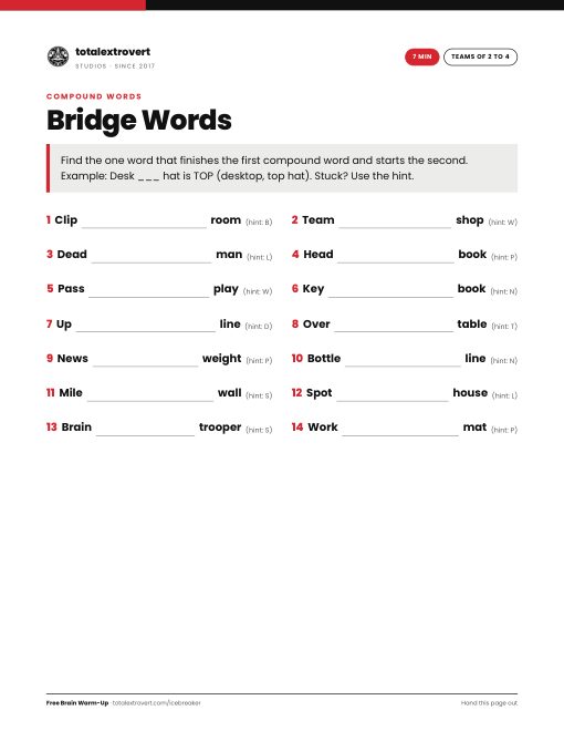 Bridge Words printable activity