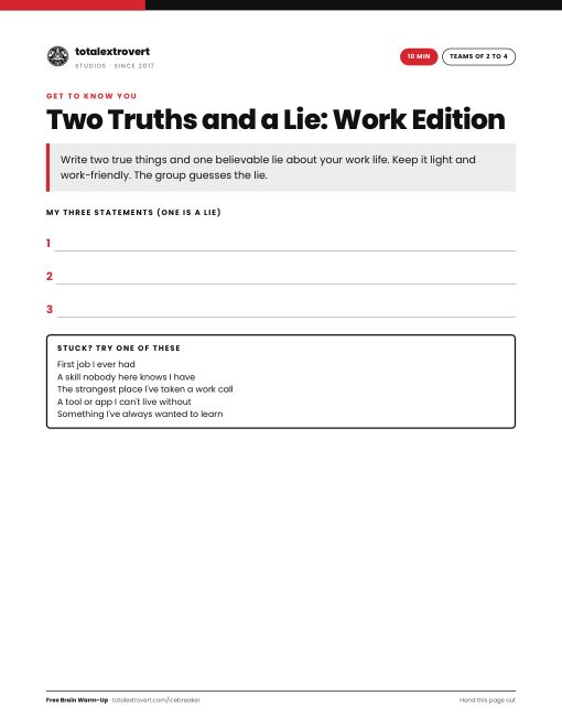 Two Truths and a Lie: Work Edition printable activity
