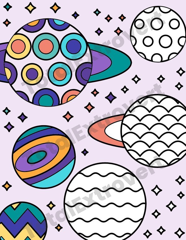 Gas Giants planet page from Cosmic Space Patterns, half colored