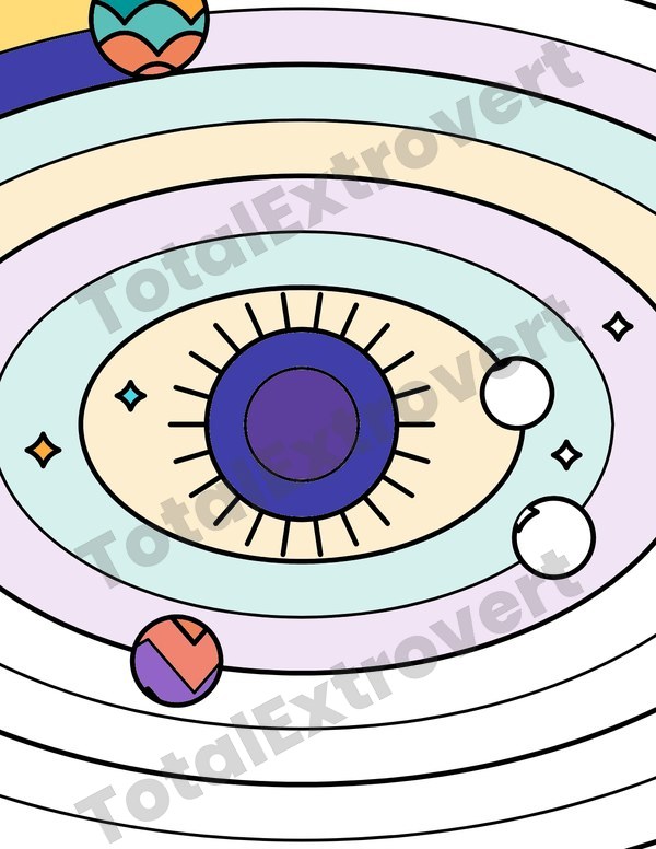 Orbit Rings page from Cosmic Space Patterns, half colored