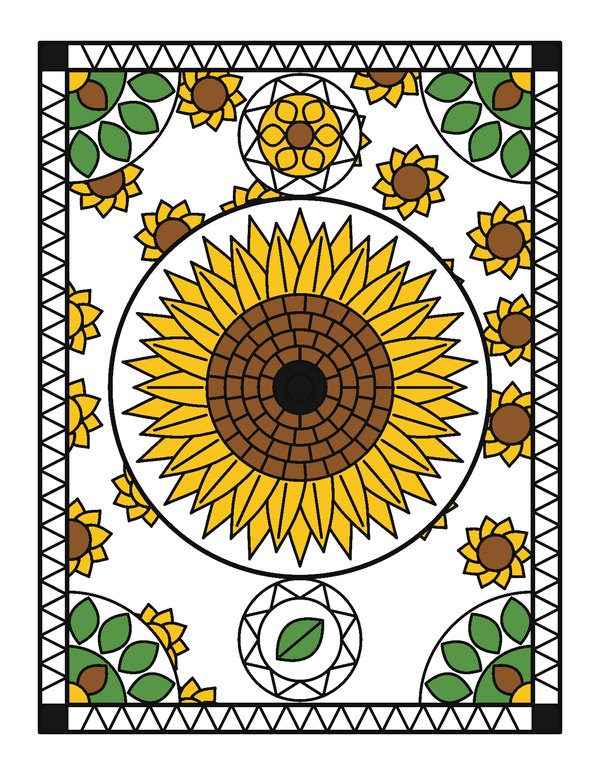 Sunflower mandala page colored with four markers