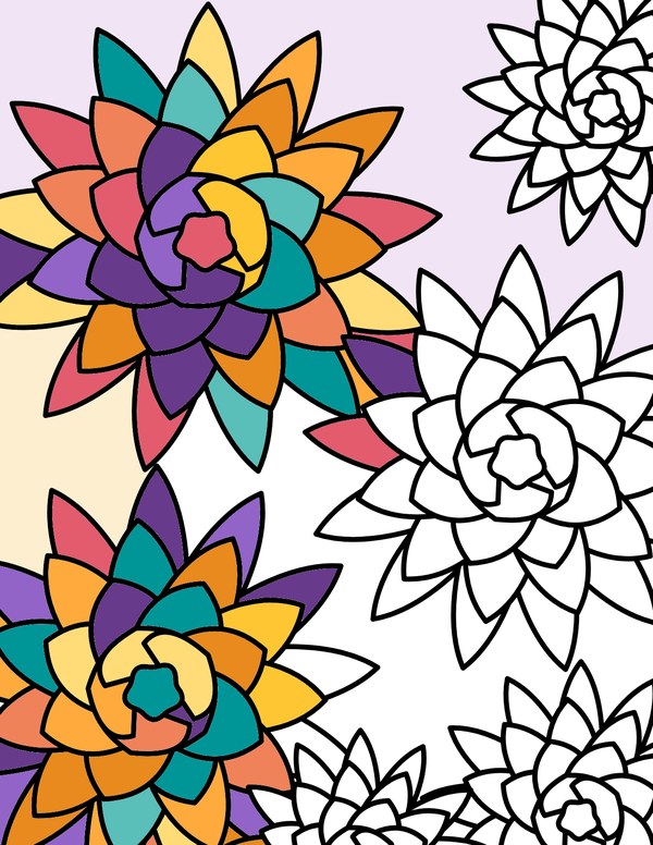 Succulent Bed pattern page from Cozy Earth Patterns Volume 2, half colored