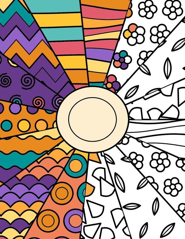 Spiral Wheel pattern page from Cozy Earth Patterns Volume 2, half colored