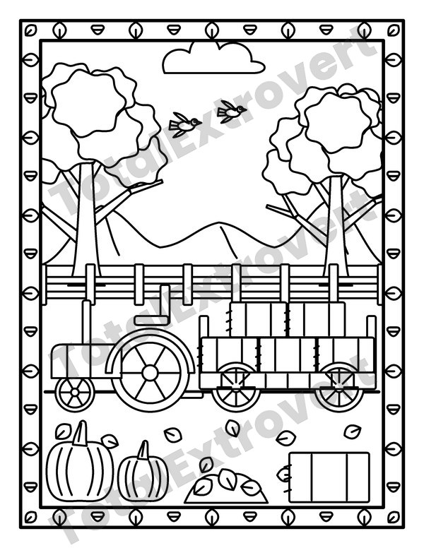 The Hayride, tractor and hay wagon coloring page