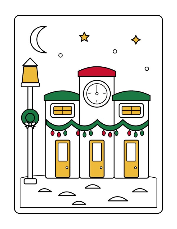 Snow on Main Street page colored in