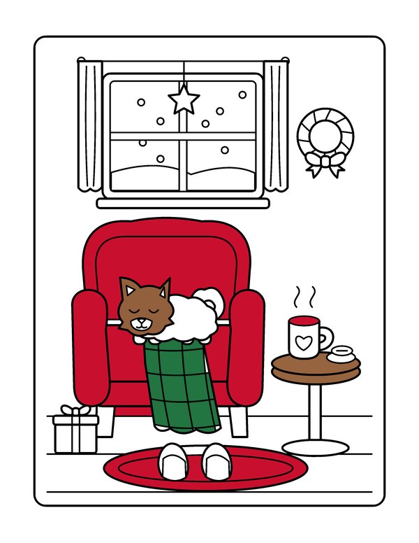A Christmas Nap, cat in an armchair, colored in